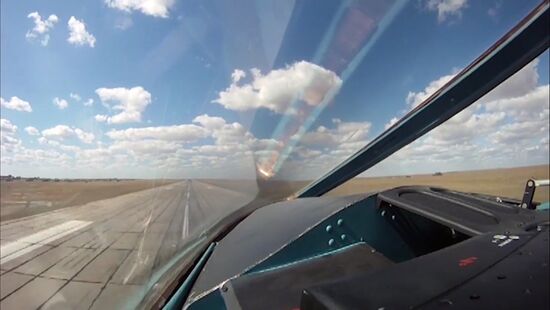 Russia's Sukhoi Su-34 Fullback tactical bombers from Hamadan air base strike ISIS sites in Syria