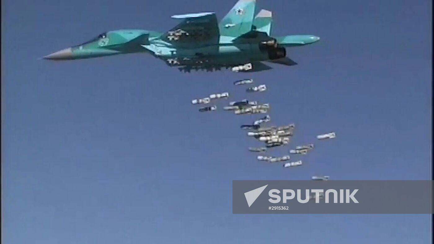 Russia's Sukhoi Su-34 Fullback tactical bombers from Hamadan air base strike ISIS sites in Syria
