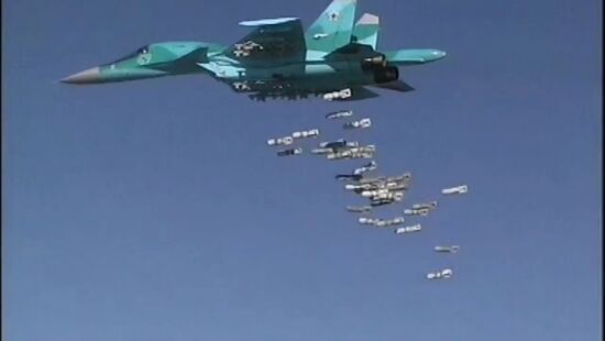 Russia's Sukhoi Su-34 Fullback tactical bombers from Hamadan air base strike ISIS sites in Syria