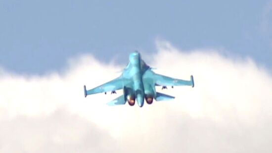 Russia's Sukhoi Su-34 Fullback tactical bombers from Hamadan air base strike ISIS sites in Syria