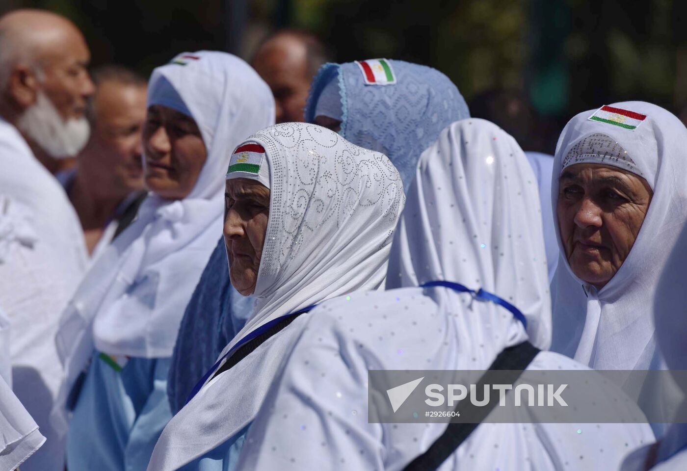 Tajik pilgrims in Dushanbe airport heading to Hajj