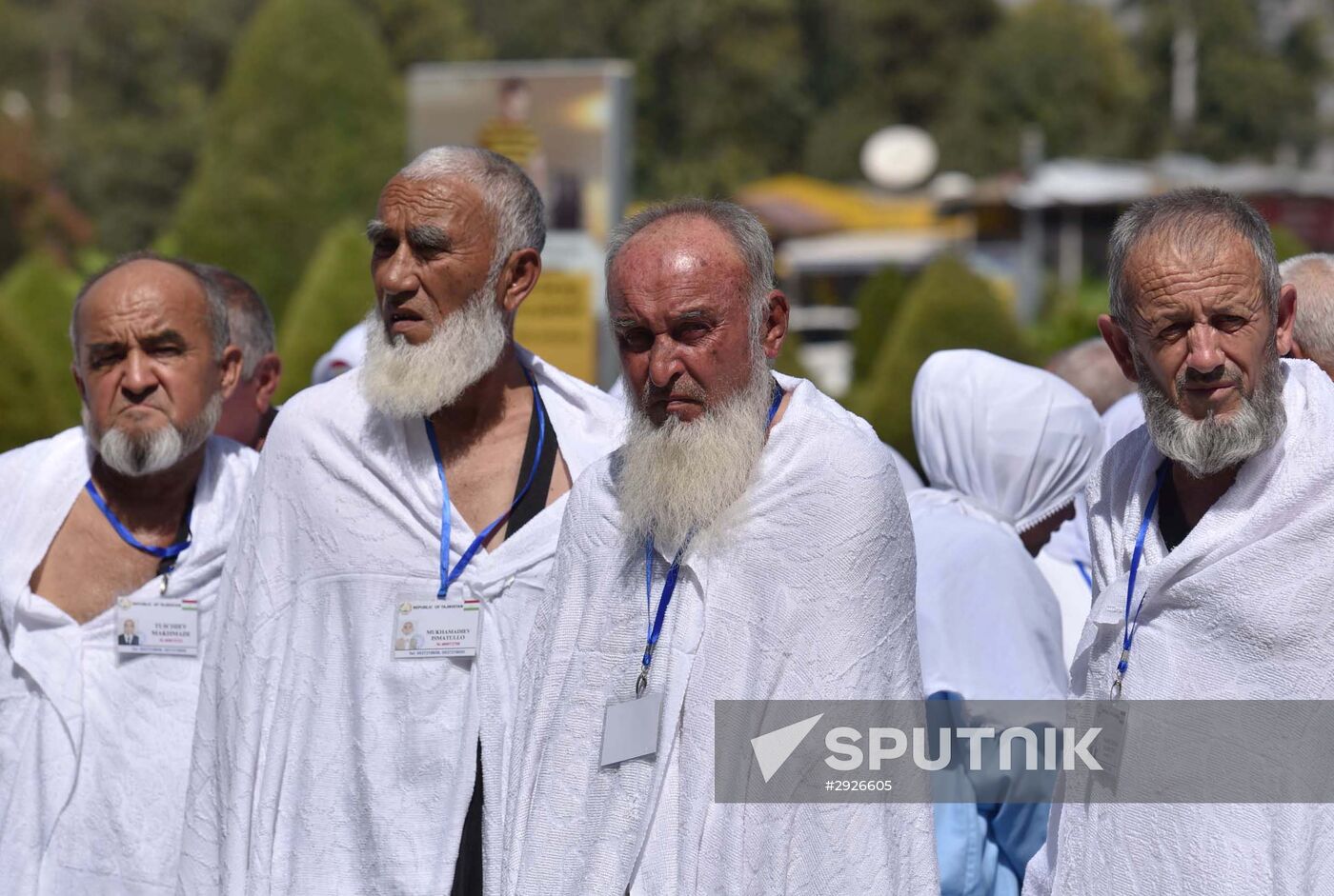 Tajik pilgrims in Dushanbe airport heading to Hajj