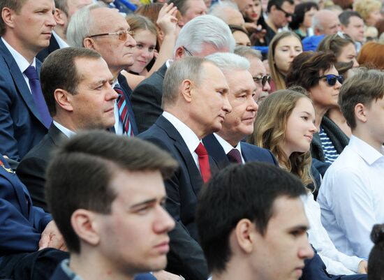 President Vladimir Putin and Prime Minister Dmitry Medvedev at City Day's solemn opening ceremony on Red Square