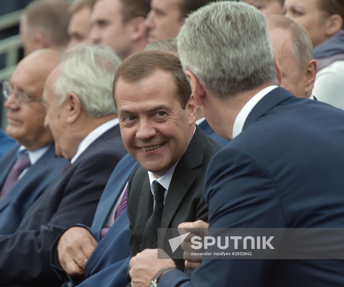 President Vladimir Putin and Prime Minister Dmitry Medvedev at City Day's solemn opening ceremony on Red Square