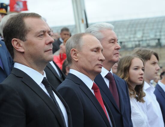 President Vladimir Putin and Prime Minister Dmitry Medvedev at City Day's solemn opening ceremony on Red Square