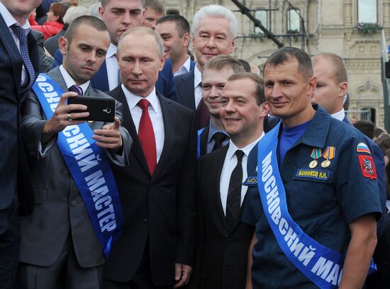 President Vladimir Putin and Prime Minister Dmitry Medvedev at City Day's solemn opening ceremony on Red Square