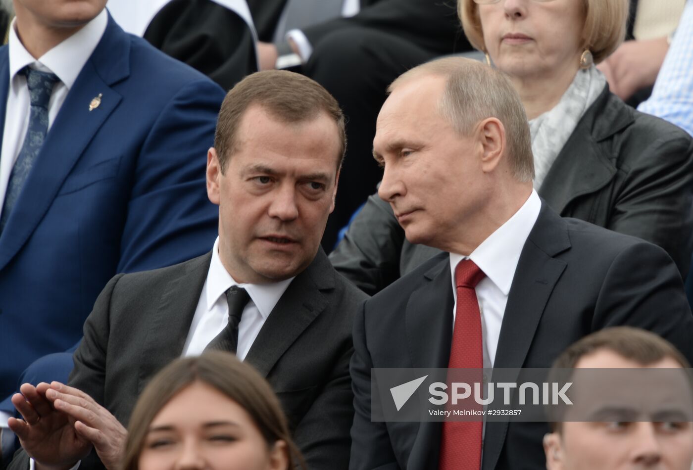 President Vladimir Putin and Prime Minister Dmitry Medvedev at City Day's solemn opening ceremony on Red Square