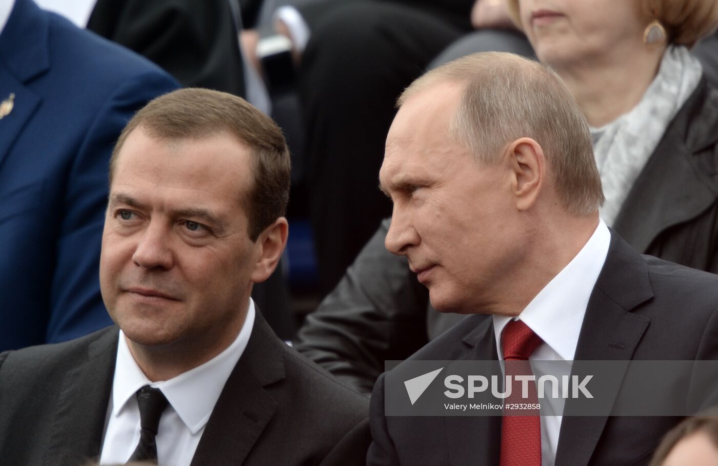 President Vladimir Putin and Prime Minister Dmitry Medvedev at City Day's solemn opening ceremony on Red Square