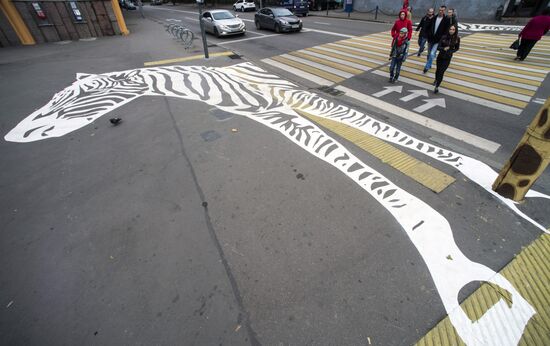Pedestrian crossing with image of zebra at Moscow Zoo