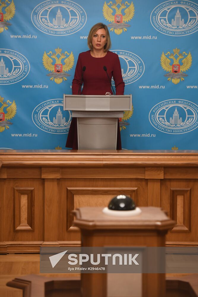 Russian Foreign Ministry Spokesperson Maria Zakharova at a briefing on current foreign policy issues.