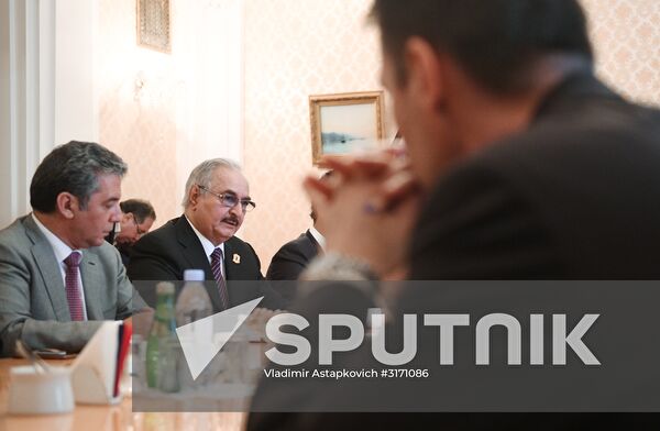 Russian Foreign Minister Sergei Lavrov meets with Libyan National Army Commander Khalifa Haftar