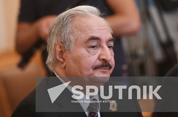 Russian Foreign Minister Sergei Lavrov meets with Libyan National Army Commander Khalifa Haftar