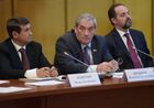 September 1, 2014. From left: Russian Presidential Aide Igor Levitin, Federation Council Deputy Chairman Vyacheslav Shtyrov with Natural Resources and Environment Minister Sergei Donskoi at a meeting on the state support of priority investment projects and territories of rapid development in the Far East chaired by Russian President Vladimir Putin at the Republic of Sakha (Yakutia) administration building in Yakutsk. Location: Russia, Yakutsk. Author: Aleksey Nikolskyi/Sputnik. Vladimir Putin visits Far Eastern Federal District