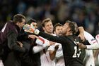 Sevilla players celebrate a goal scored during the second leg quarter final of Europa League match between Zenit St.Petersburg and FC Sevilla Eindhoven at the Petrovsky Stadium in Saint-Petersburg, Russia. Location: Russia, St. Petersburg. Author: Alexei Danichev/Sputnik. UEFA Europa League. Zenit vs. Sevilla