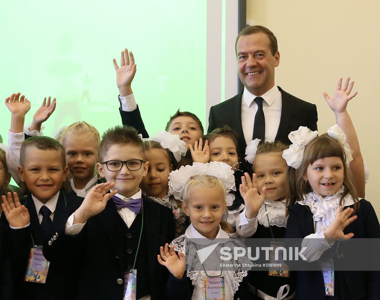 Prime Minister Dmitry Medvedev visits school in Podolsk on September 1