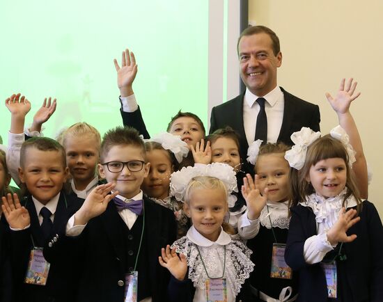 Prime Minister Dmitry Medvedev visits school in Podolsk on September 1