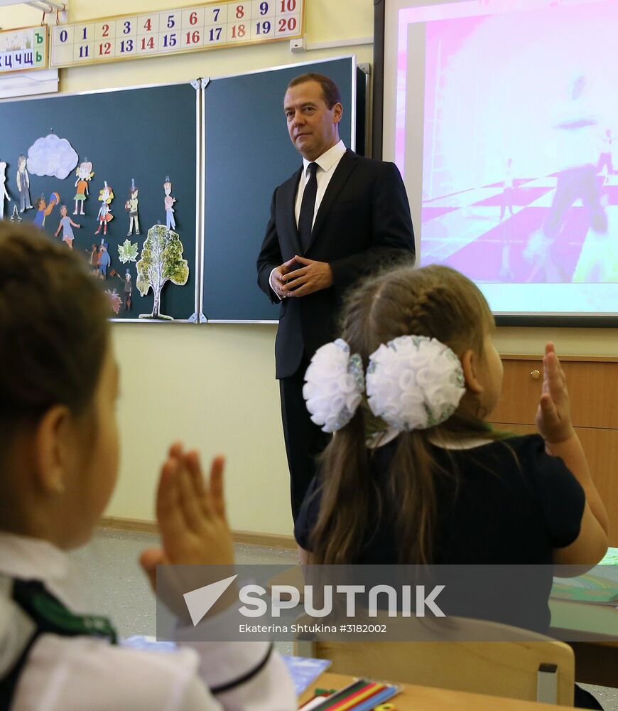 Prime Minister Dmitry Medvedev visits school in Podolsk on September 1
