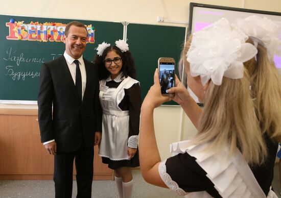 Prime Minister Dmitry Medvedev visits school in Podolsk on September 1