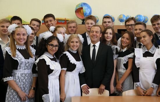 Prime Minister Dmitry Medvedev visits school in Podolsk on September 1