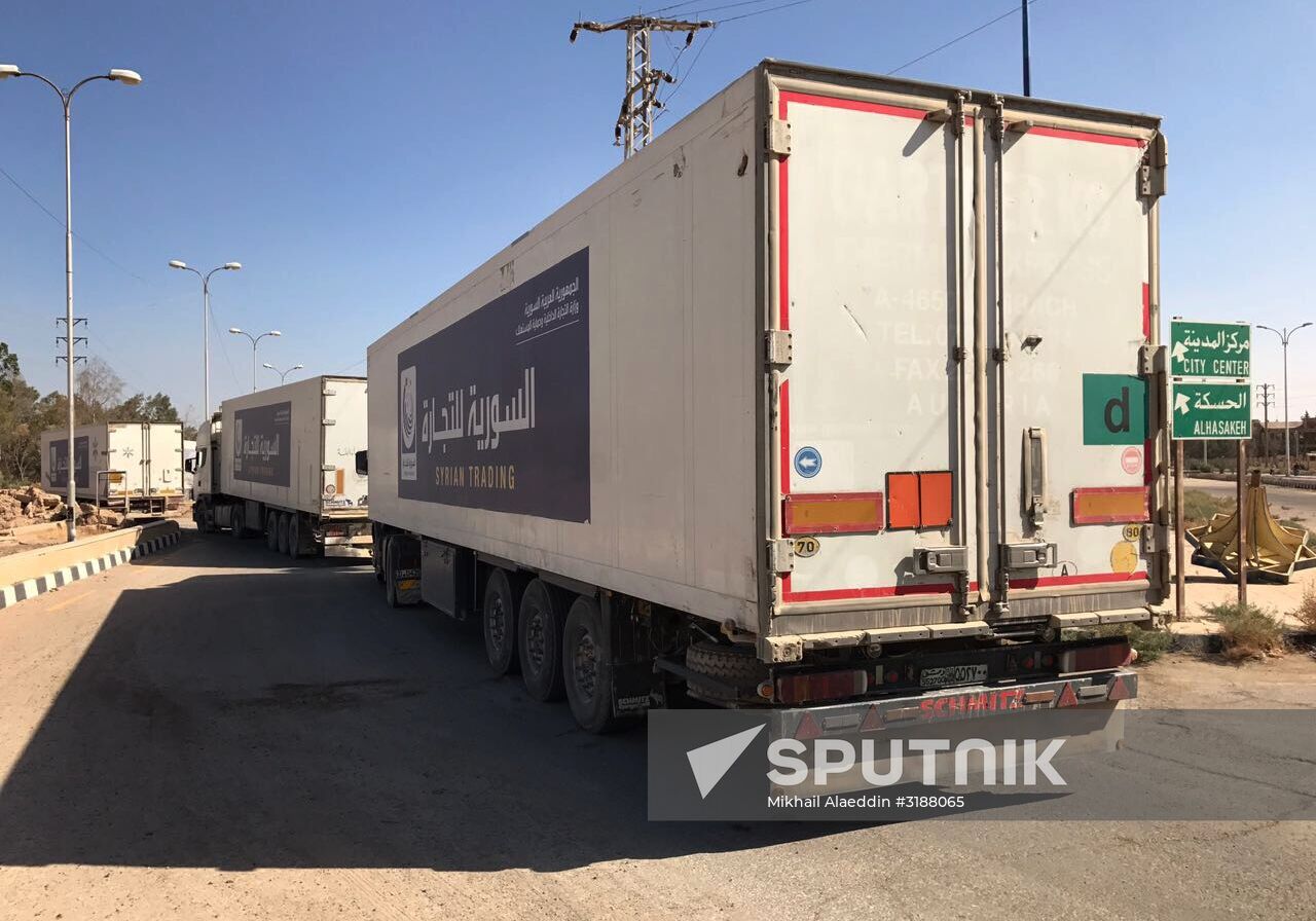 Deir ez-Zor residents welcome a truck convoy of medicines and food