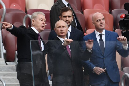 Russian President Vladimir Putin takes part in FIFA World Cup Trophy Tour kick-off ceremony in Luzhniki