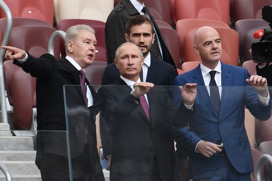 Russian President Vladimir Putin takes part in FIFA World Cup Trophy Tour kick-off ceremony in Luzhniki