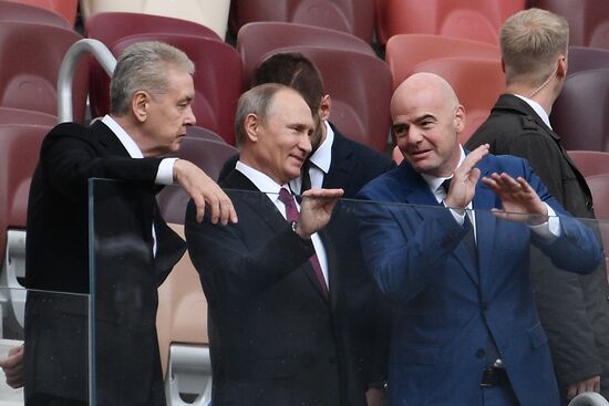 Russian President Vladimir Putin takes part in FIFA World Cup Trophy Tour kick-off ceremony in Luzhniki