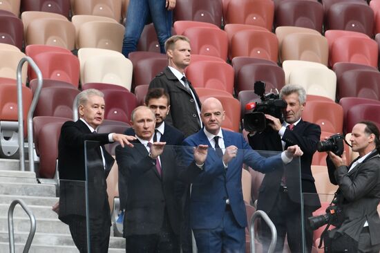 Russian President Vladimir Putin takes part in FIFA World Cup Trophy Tour kick-off ceremony in Luzhniki