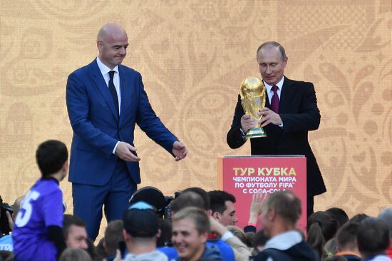 Russian President Vladimir Putin takes part in FIFA World Cup Trophy Tour kick-off ceremony in Luzhniki