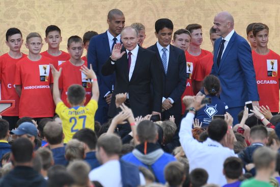 Russian President Vladimir Putin takes part in FIFA World Cup Trophy Tour kick-off ceremony in Luzhniki
