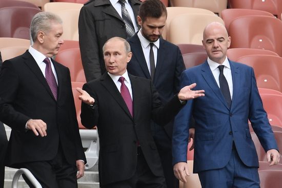 Russian President Vladimir Putin takes part in FIFA World Cup Trophy Tour kick-off ceremony in Luzhniki