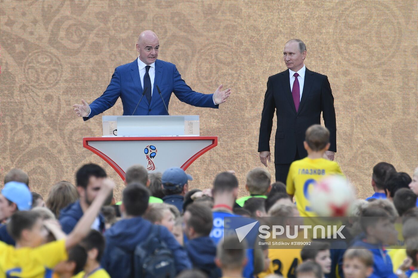 Russian President Vladimir Putin takes part in FIFA World Cup Trophy Tour kick-off ceremony in Luzhniki