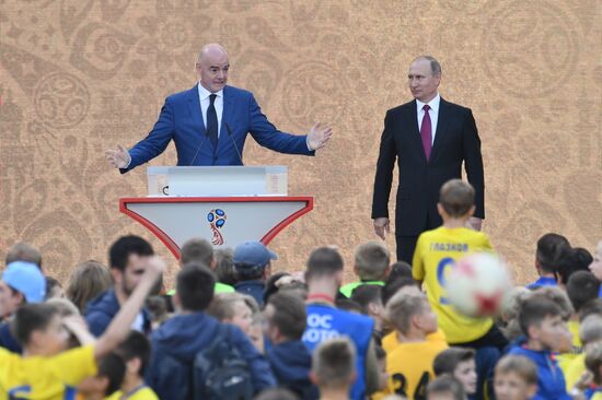 Russian President Vladimir Putin takes part in FIFA World Cup Trophy Tour kick-off ceremony in Luzhniki