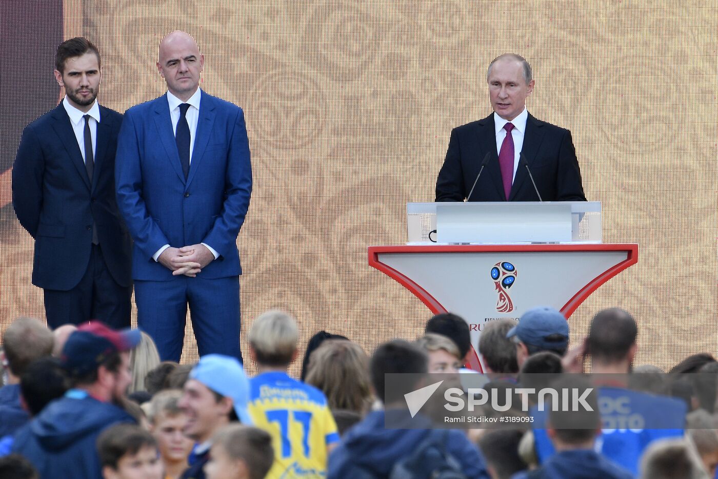 Russian President Vladimir Putin takes part in FIFA World Cup Trophy Tour kick-off ceremony in Luzhniki