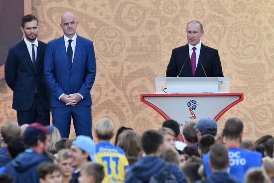 Russian President Vladimir Putin takes part in FIFA World Cup Trophy Tour kick-off ceremony in Luzhniki