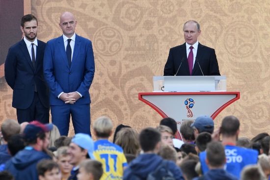 Russian President Vladimir Putin takes part in FIFA World Cup Trophy Tour kick-off ceremony in Luzhniki