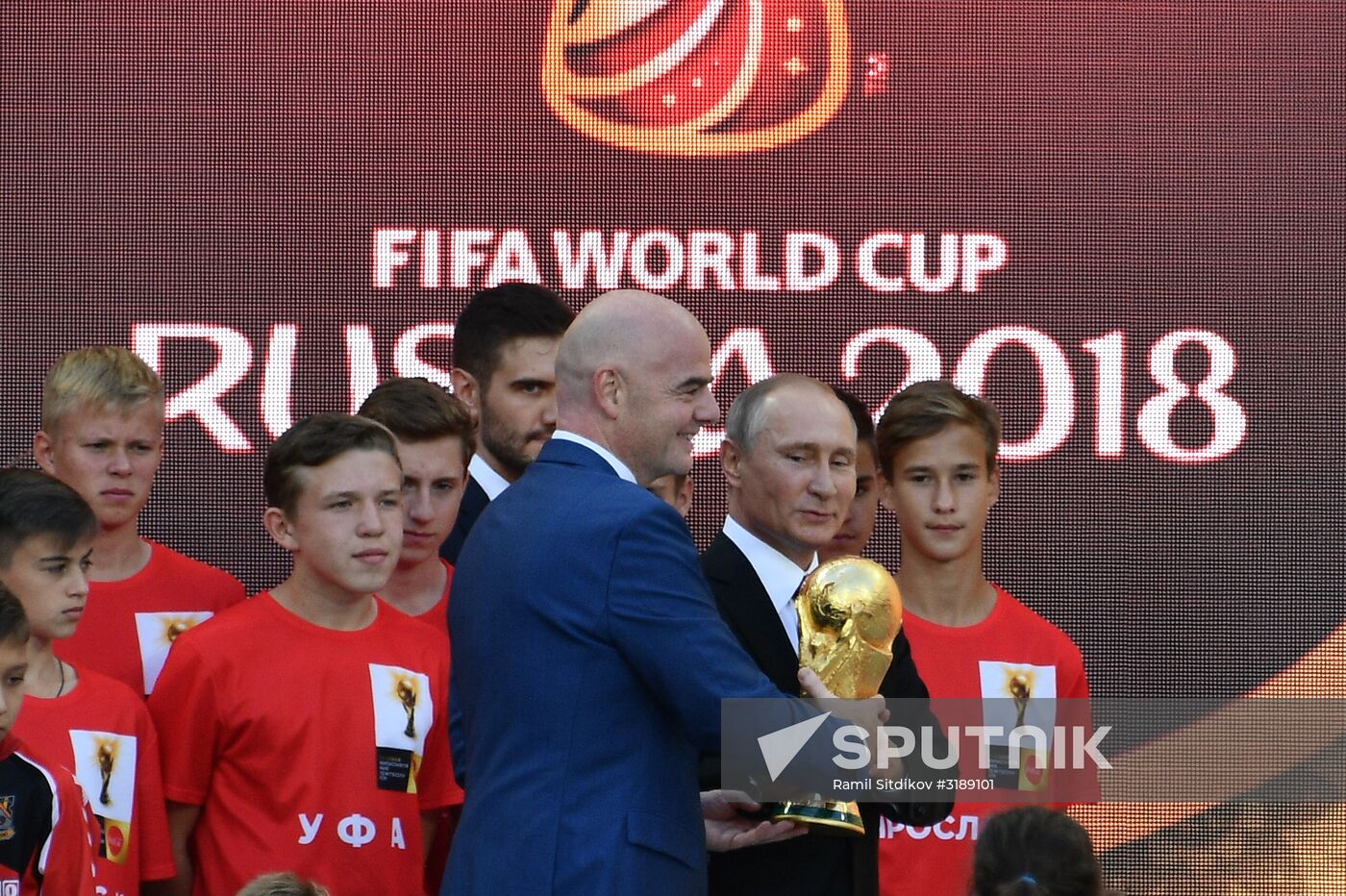Russian President Vladimir Putin takes part in FIFA World Cup Trophy Tour kick-off ceremony in Luzhniki