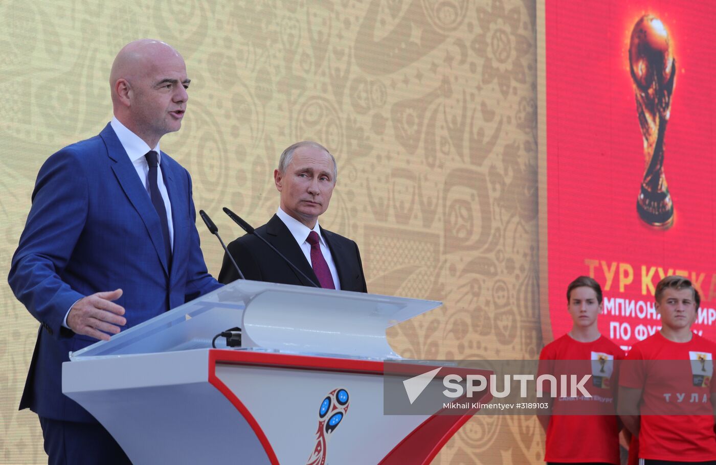 Russian President Vladimir Putin takes part in FIFA World Cup Trophy Tour kick-off ceremony in Luzhniki