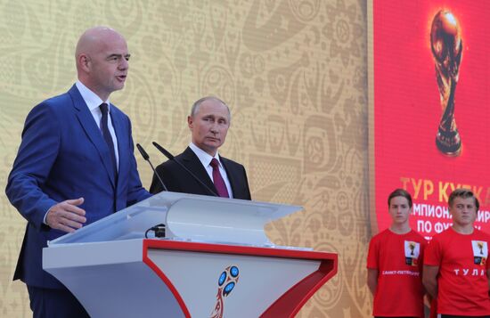 Russian President Vladimir Putin takes part in FIFA World Cup Trophy Tour kick-off ceremony in Luzhniki