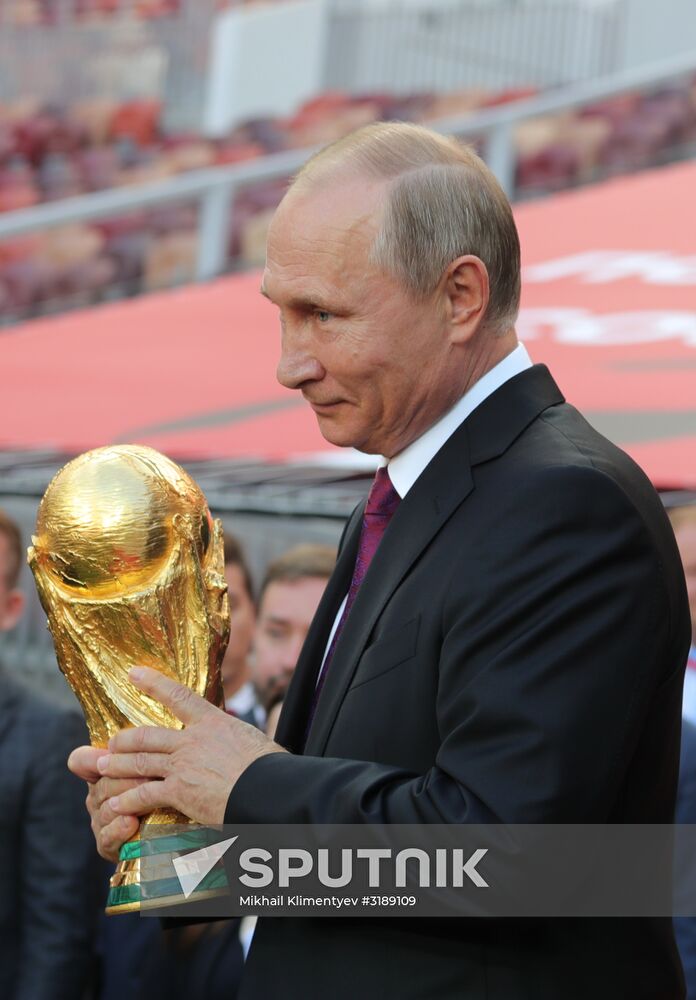 Russian President Vladimir Putin takes part in FIFA World Cup Trophy Tour kick-off ceremony in Luzhniki