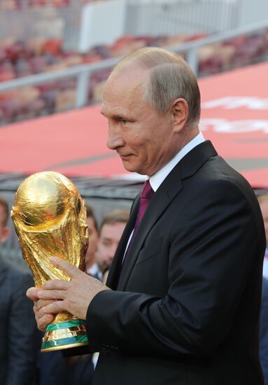 Russian President Vladimir Putin takes part in FIFA World Cup Trophy Tour kick-off ceremony in Luzhniki