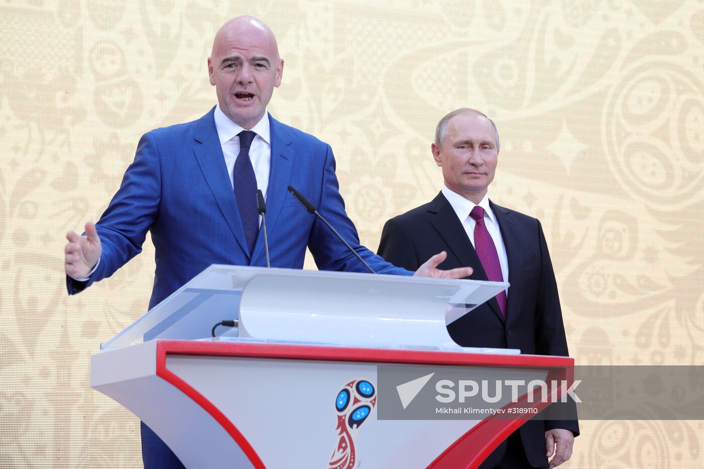 Russian President Vladimir Putin takes part in FIFA World Cup Trophy Tour kick-off ceremony in Luzhniki
