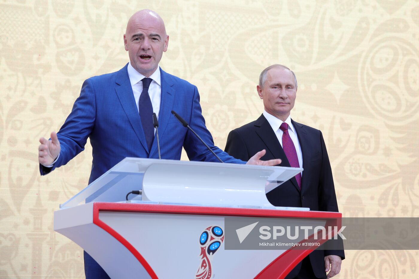Russian President Vladimir Putin takes part in FIFA World Cup Trophy Tour kick-off ceremony in Luzhniki