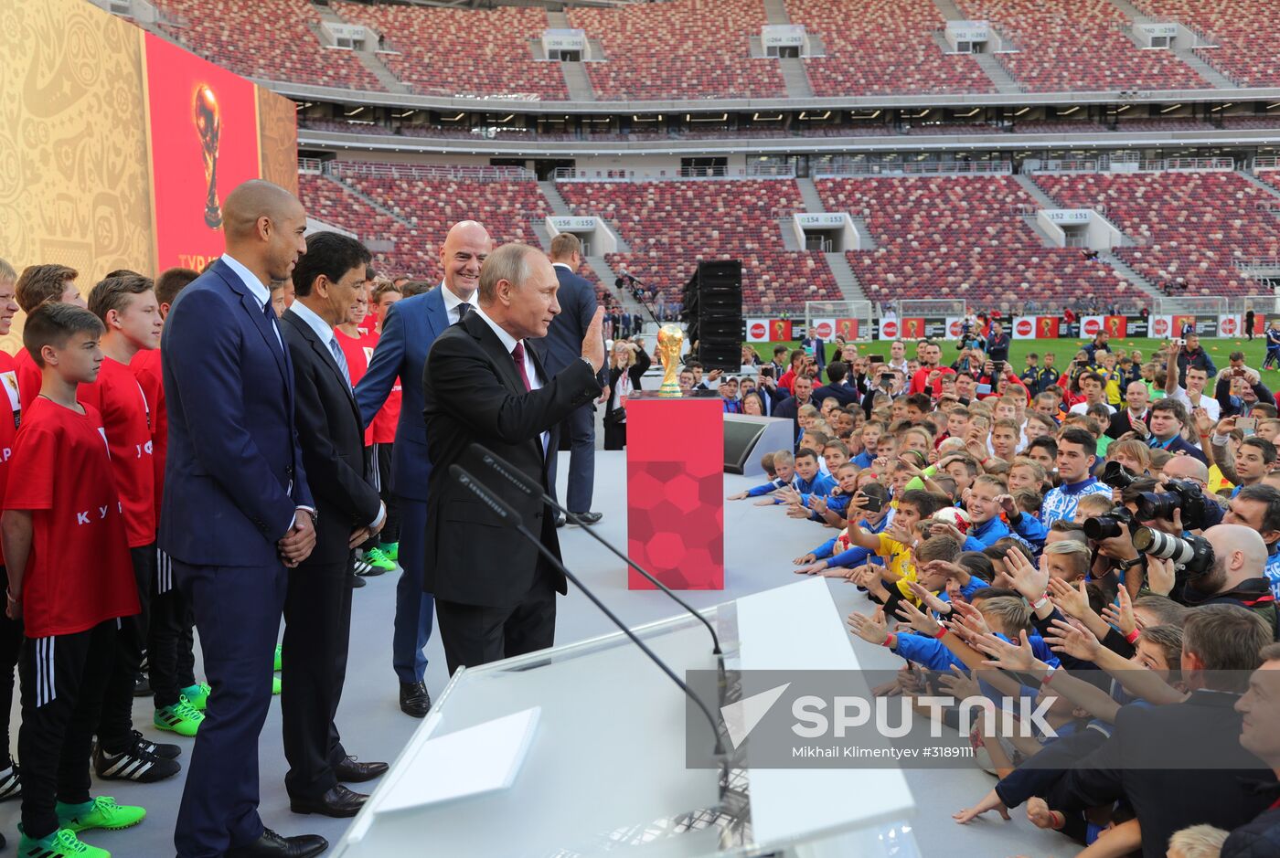 Russian President Vladimir Putin takes part in FIFA World Cup Trophy Tour kick-off ceremony in Luzhniki