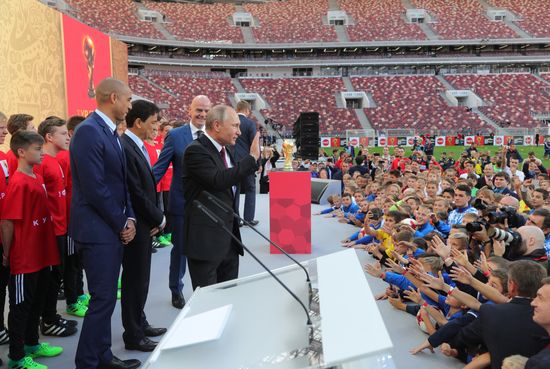 Russian President Vladimir Putin takes part in FIFA World Cup Trophy Tour kick-off ceremony in Luzhniki