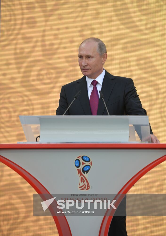 Russian President Vladimir Putin takes part in FIFA World Cup Trophy Tour kick-off ceremony in Luzhniki