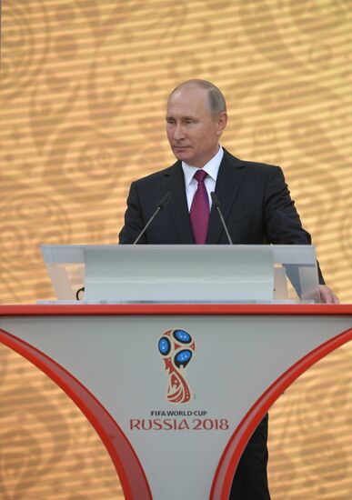 Russian President Vladimir Putin takes part in FIFA World Cup Trophy Tour kick-off ceremony in Luzhniki