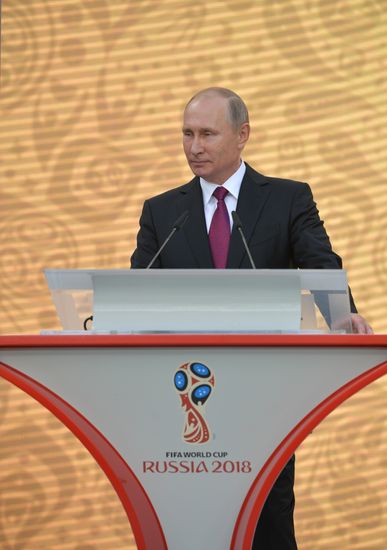 Russian President Vladimir Putin takes part in FIFA World Cup Trophy Tour kick-off ceremony in Luzhniki