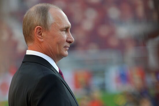 Russian President Vladimir Putin takes part in FIFA World Cup Trophy Tour kick-off ceremony in Luzhniki