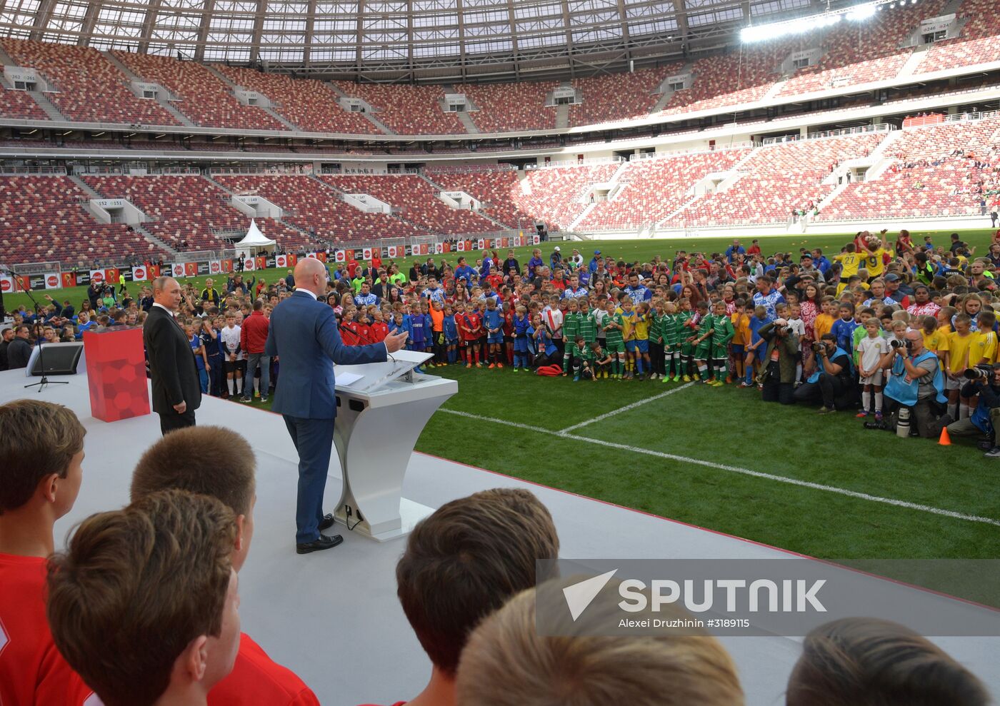 Russian President Vladimir Putin takes part in FIFA World Cup Trophy Tour kick-off ceremony in Luzhniki
